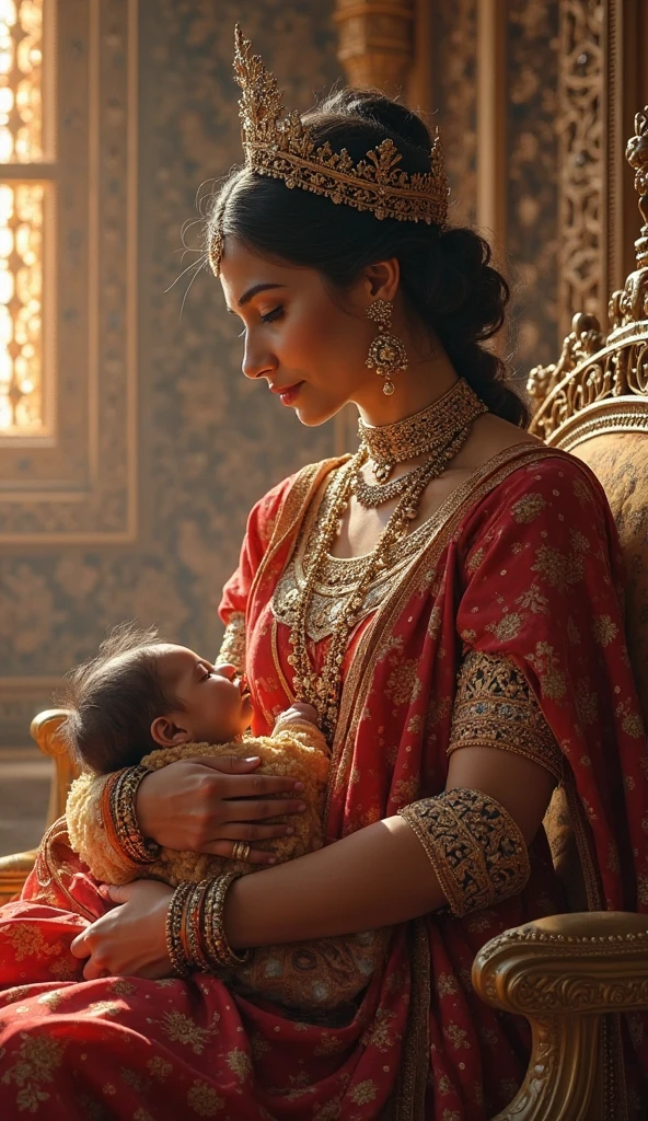 a woman in a gold dress holding a baby in a palace, of indian princess, biopic, maternal photography 4 k, trending ,, princess portrait, indian empress, portrait painting of a princess, india, regal pose, dressed as a queen, fanart, netflix, with jesus, disney artist, photo of a beautiful, disney photo realistic, simba, with a kid