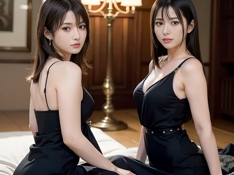 korean women in bangs hairstyle with busty figure milf in black silky dress