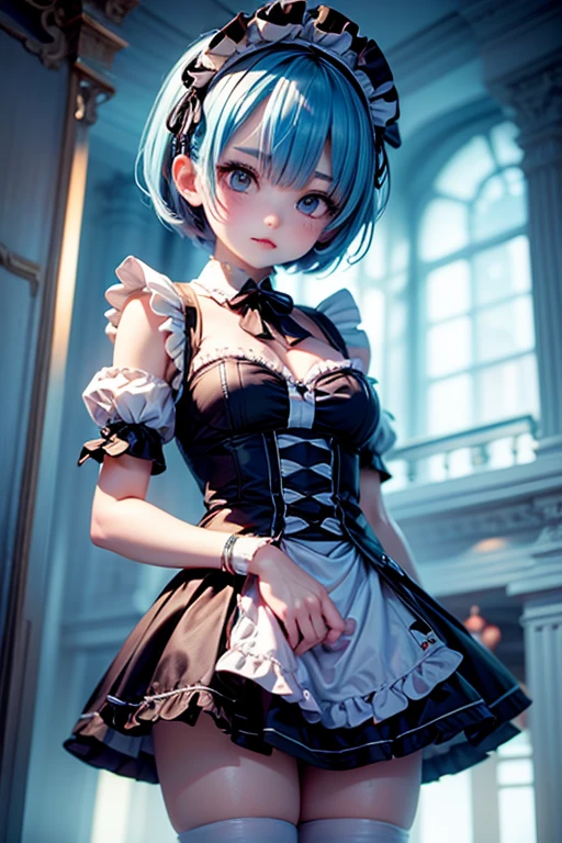 masterpiece, best quality, ultra-detailed,realistic,re zero, (light blue hair, short hair, large breasts), cleavage, smile, cowboy shot ,kawaii, cute, pretty, 16years old, stomach, navel, 
(black theme),(all black),
((gothic lolita, black nurse costume))
(black (nurse cap,sling) with
cross-symbol print on head),(fusion
of (short sleeve black collared-shirt
with double-breasted) and black
mini wrap-skirt), (collarbone)、
(double-breasted),(black choker with
cross),(intricately embroidered black
lace, black ruffle trim)),(black platform
high boots).
 (white and black theme),(white
cross-symbol),(wrap white bandages
around arms andlegs),(white
button),((tareme)),beautiful face, 
