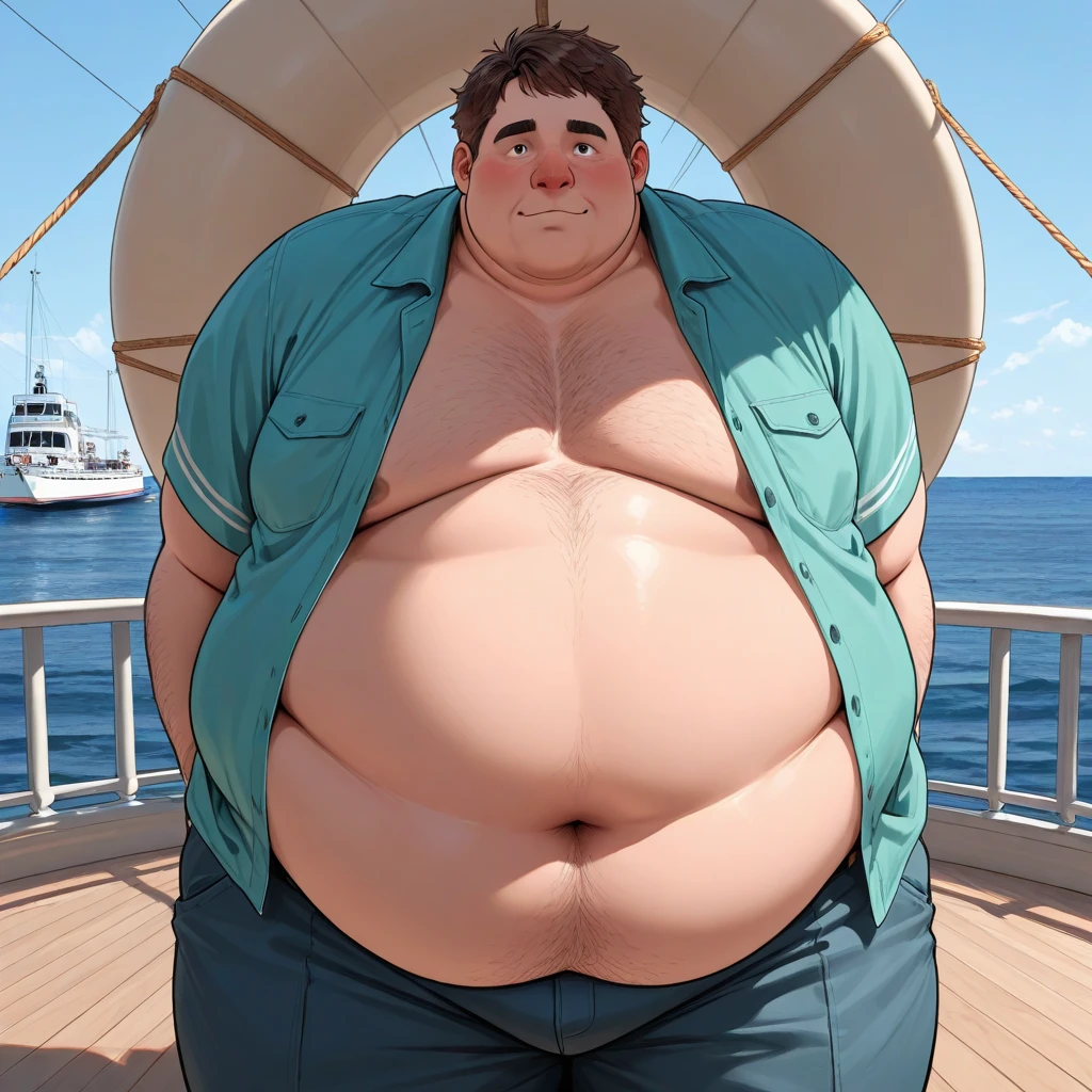Fat man blonde white big belly. he’s on vacation, wearing a unbuttoned hawaiian shirt and flip flops