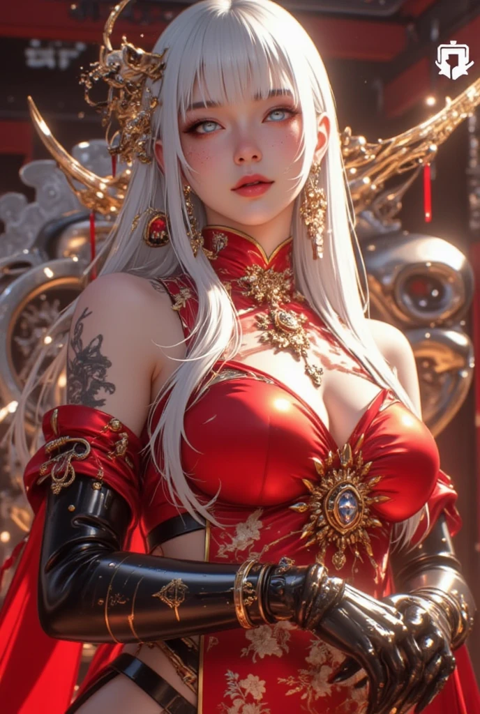 8K,Ala Fed gray haired asian woman in red dress poses for photo, goddess of Japan, a beautiful fantasy empress, Beautiful attractive anime woman,(Face like the real thing) Bunching up long gray hair Golden eyes Precise five-finger details Tattoo on the left chest Black hair ornament innocent smiles A hyper-realistic real looking skin Bold-hearted personality ruan jia and artgerm, very detailed Artgerm, 8k high quality detailed art, palatial palace ,Beautiful expression 超A high resolution, Trending on CGSTATION, seductive anime, wlop and ArtGerm