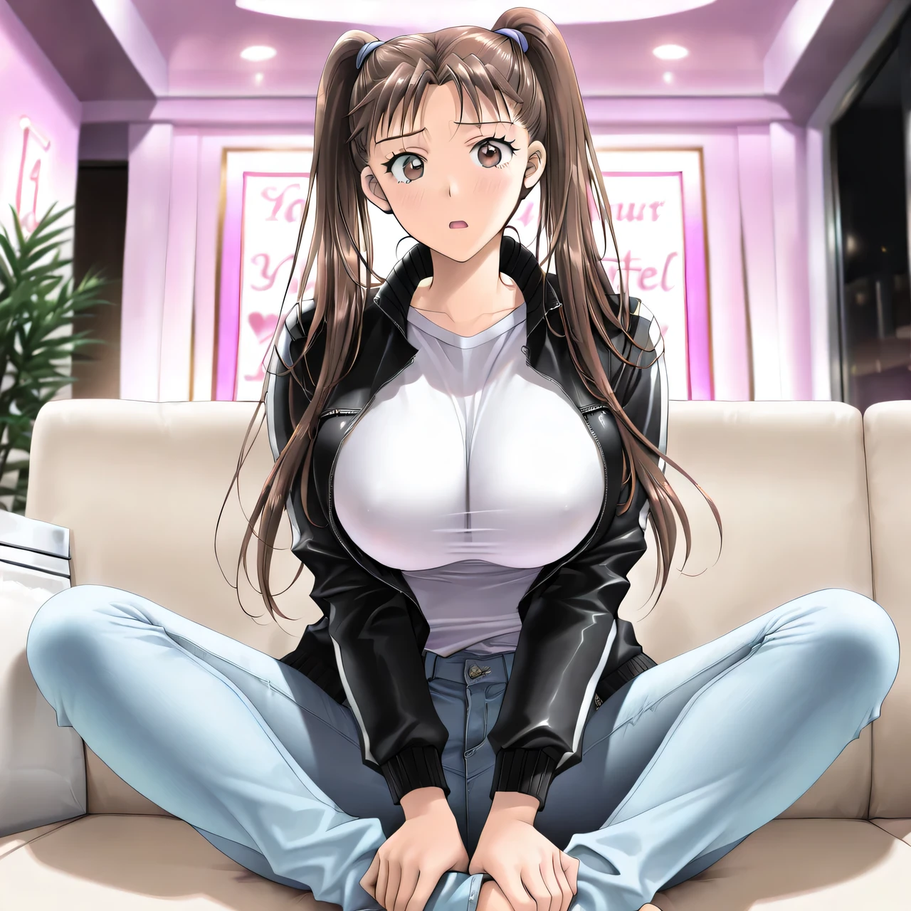 cinematic lighting,Moody Lighting,masterpiece, newest, lively, very aesthetic, high contrast,mature women who are rebellious to me,solo,((KanouRyouko, twintails, brown hair, long hair, brown eyes)),((black rider's jacket ,whiteTshirt, jeans)), ((Big Breasts:1.4)), (embarrassing,shy,open mouth),((sitting on the sofa,Put your hands on your feet)),((Love Hotel,detailed background)),( is dazzling,Shine),Highest Quality, semi-realistic, kadoi aya style, Fullmetal Alchemist anime style, ((viewers)),upper body,