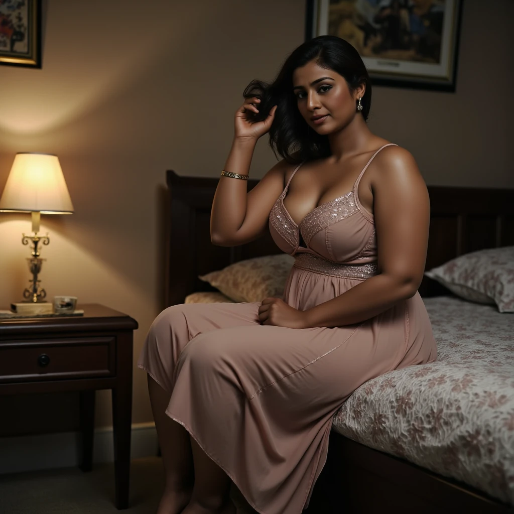 Indian aunty in her 40s, short in hight ,cubby, perfect breast, wearing black night gown