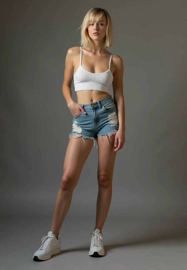European girl, ,blue eyes, Blonde both side ponytails,deep navel,Sweaty, realistic,young body,smooth body,shinny body,small smile,white sleeveless shirt,white short jeans