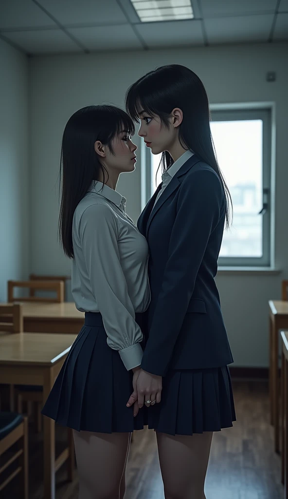 Fan long hair, young female teacher in professional clothes,Kissed by a schoolgirl with short hair