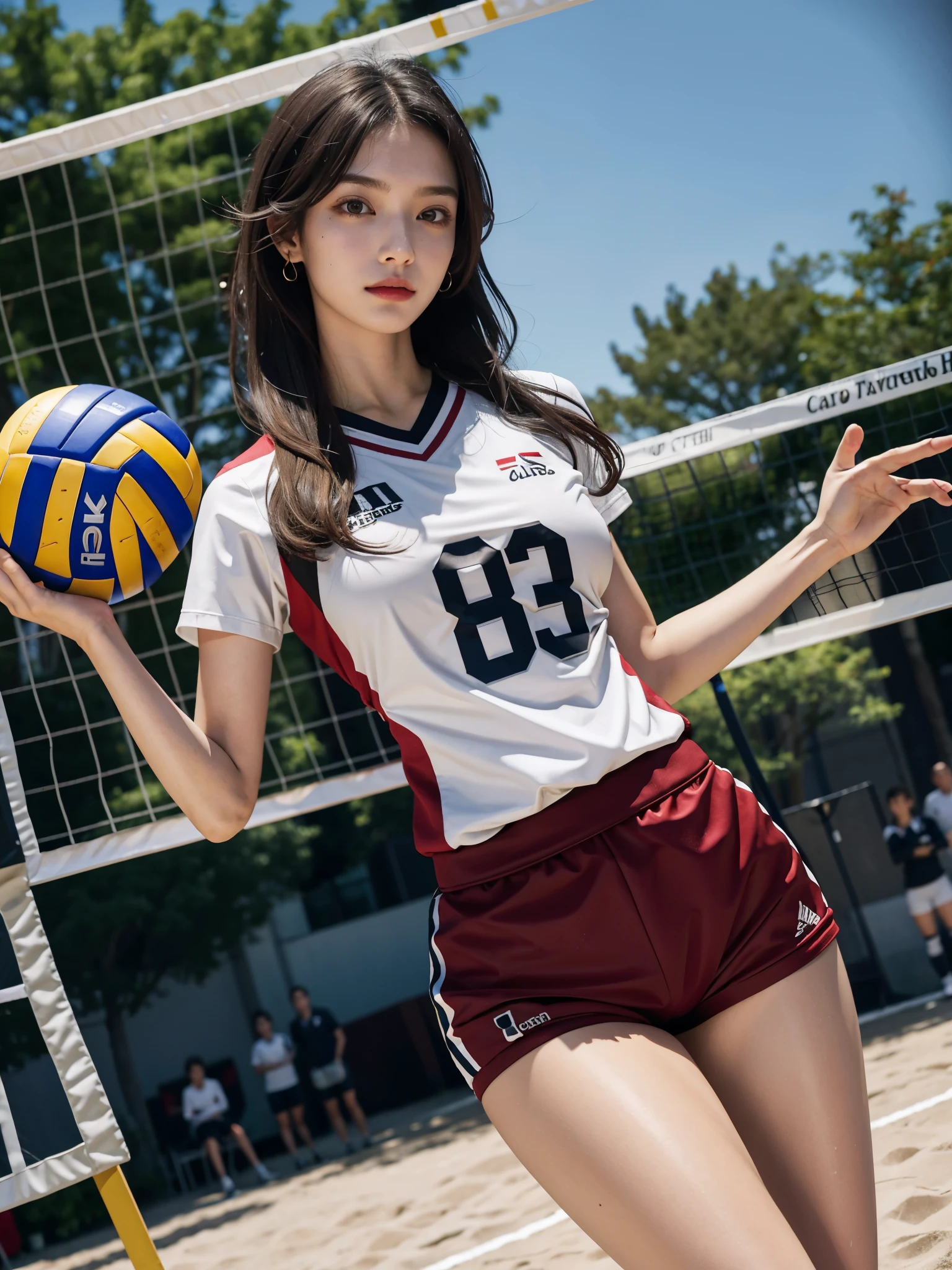 masterpiece,best quality,beach volleyball girl,Wear a short skirt,The upper body is sporty and cute,The background is the beach,((There is a volleyball net present))(Extremely detailed 8K wallpaper),(best quality),(Best illustration),(Best shadows),absurd,realistic lighting,(abyss),Beautiful detailed glow,PeterMohrBacherArt,beach volleyball girl