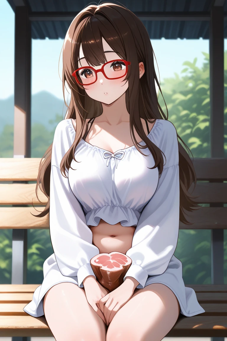 High resolution, high quality, 1 girl, anime girl, brown long hair, brown eyes,heart-shaped pupil, Green glasses,closed one eye,clenched teeth, tanned skin, big breasts,beautiful breasts, (big ass),beautiful butt,ピンクのハイレグwater着,sitting,[[Pregnant]],(lemon juice),(orange juice),(mango juice),(water),at the cafe,