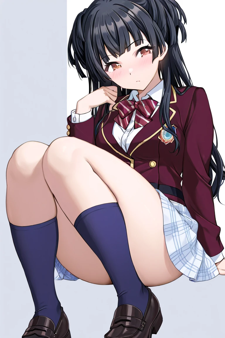 (nsfw),masterpiece,ultra detailed,sharp focus,4k digital art,high resolution,peeing,(realistic),(double peace,peace sign,v sign with both hands:1.5),(aroused and blushed:1.7),(peeing),tareme,(adult beautiful face,curvy adult body),(from below,upskirt:1.2),(navy blazer:1.3),dress shirt,navy pleated skirt,bow tie,(black hair,long straight hair),at back alley,off street,night light,(sweaty:1.2),grinning,(trembling,flying heart-shapes),(squatting and spreading legs),sexy undies,loafers