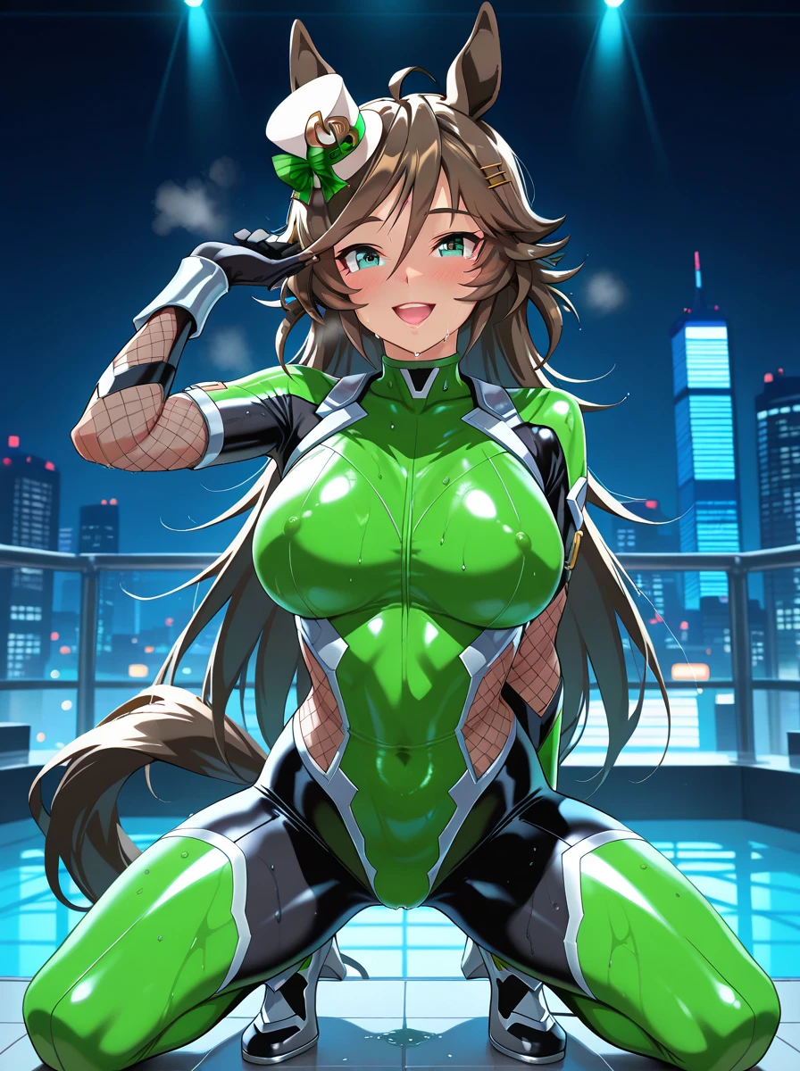 hmmr1, Special Week \(umamusume\), asagioutfit, bare shoulders, purple gloves, skin tight, shiny clothes, impossible bodysuit, purple bodysuit, sleeveless, fishnets, elbow gloves, shiny,arms behind head ,smile,standing,three ,cherry blossoms,cowboy shot