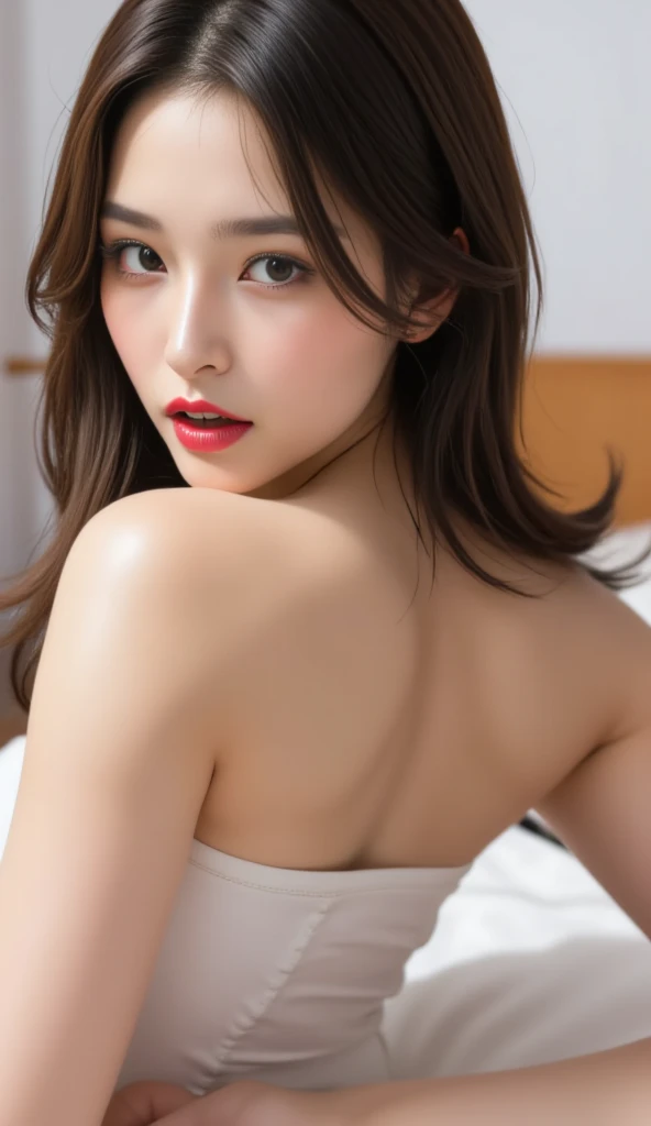 Masterpiece, hourglass body, best breast, best ass, seduce gaze, beautiful woman, white silk lingerie, reah, pony hair, ((light brown hair)), light blue hair, blue eyes, perfect focus, long hair, 8K wallpaper, high resolution, masterpiece, best quality, shiny skin, both arms on head, laying on bed, midjourney, half body, close up shot, winking