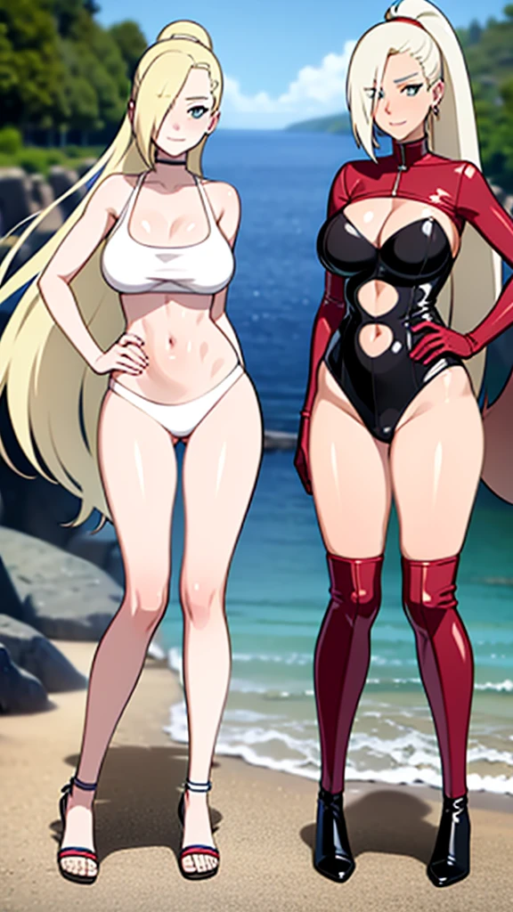 female, white long hair, red eyes, (((1girl))), (((black one piece swimsuit))), (red sarong), (black sun hat), (black sandals), (sunglasses), cute and sexy, full body, huge breasts, huge butt, long legs, smiling