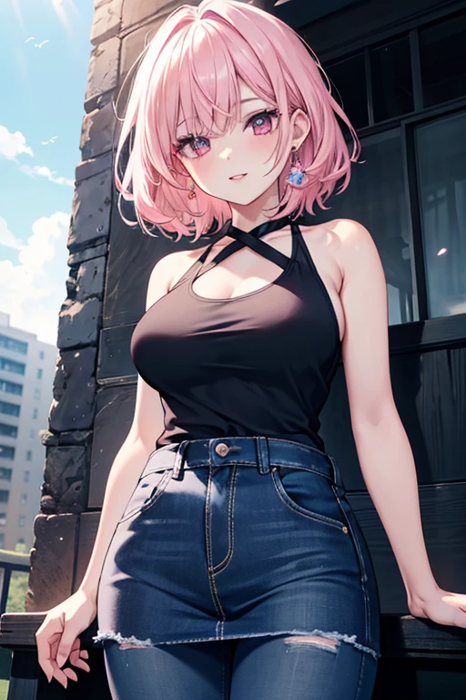 create an anime girl in a short denim skirt and a 21-year-old pink tank top in a cityscape