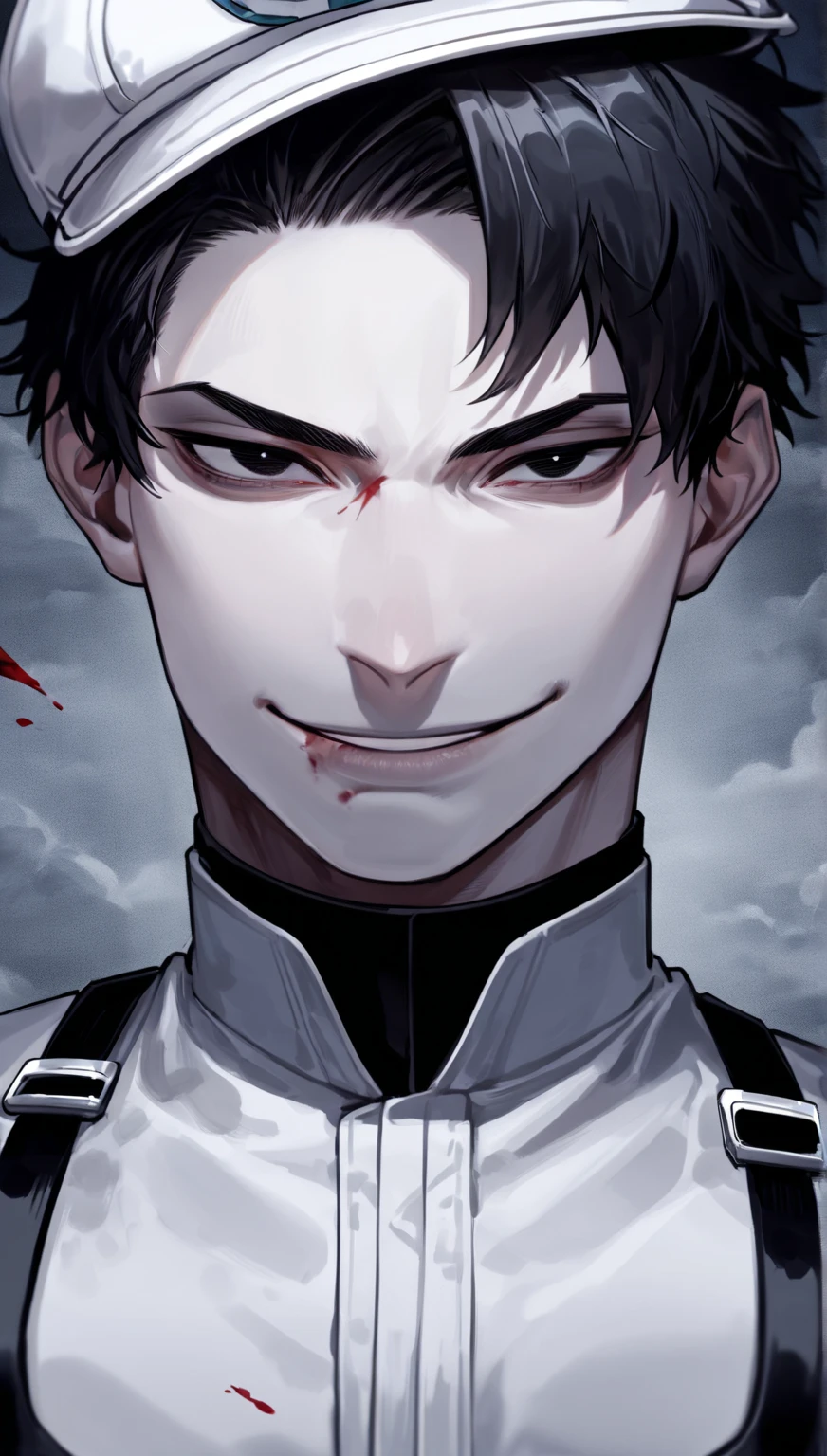 masterpiece, best quality,1boy,solo,male focus,solo boy,yaoi,vampire,blood,blood on the face,crazy eyes,short black hair,smile,