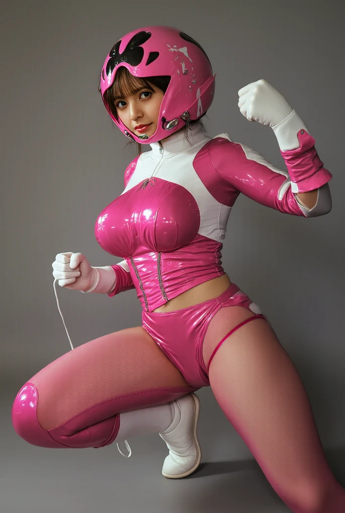 (masterpiece:1.1, Best Quality:1.1, 16 K, High resolution), 1womanl, (Ultra-realistic portrait of the Pink Power Ranger), Ultra-detailed, Illustration, (full nude :1.5, Nipples:1.2, raise a hand:1.35, Show me her shaved armpits:1.7, gloves, full face Sentai helmet:1.35, Pink helmet, Pink boots, black leggings:1.15, White Gloves), (Sit down, tied up with ropes, In an abandoned store room, underground, dark atmosphere:1.2), ((huge-breasted:1.4, Huge boobs:1.4, Colossal tits:1.4, gigantic cleavage breasts:1.4, Perfect slim body style:1.2)), hyperdetailed face, ultra detailed skin texture,