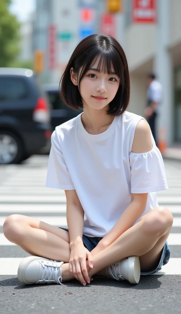 Professional photo-realistic images。Bright Park。No bra and wearing a white shirt、A cute Japanese woman with short hair２０age。He is kneeling, leaning forward, and placing his hands on his knees.。Her clothes are floating up, exposing her breasts and revealing her nipples.。 She looks at me and blushes with a shy smile.。　Composition from directly above。nsfw, 