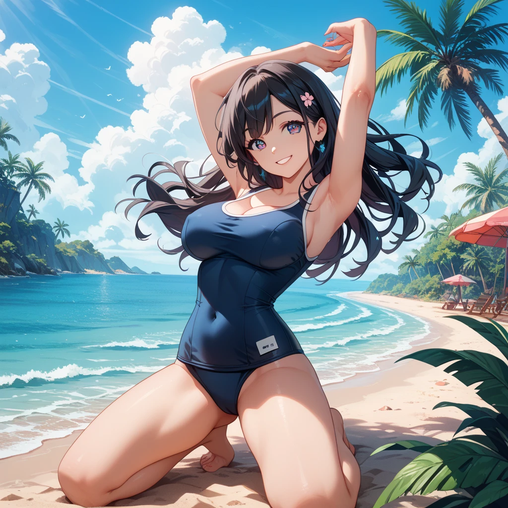 a brazilian woman, perfect anatomy, dark skin, light brown eyes, perfect, eyebrows, nose, normal ears, open mouth smiling, teeth, lips, big straight hair, hair details, bangs, locks, neck, shoulders, big chest , perfect belly, thin waist, thick legs, thick thighs, white bikini, standing, background scenery, no bad, water everywhere, water on the ground, ultra detailed water, waves, flying water, clear green water, beautiful day , clouds, sun, lighting, viewer view