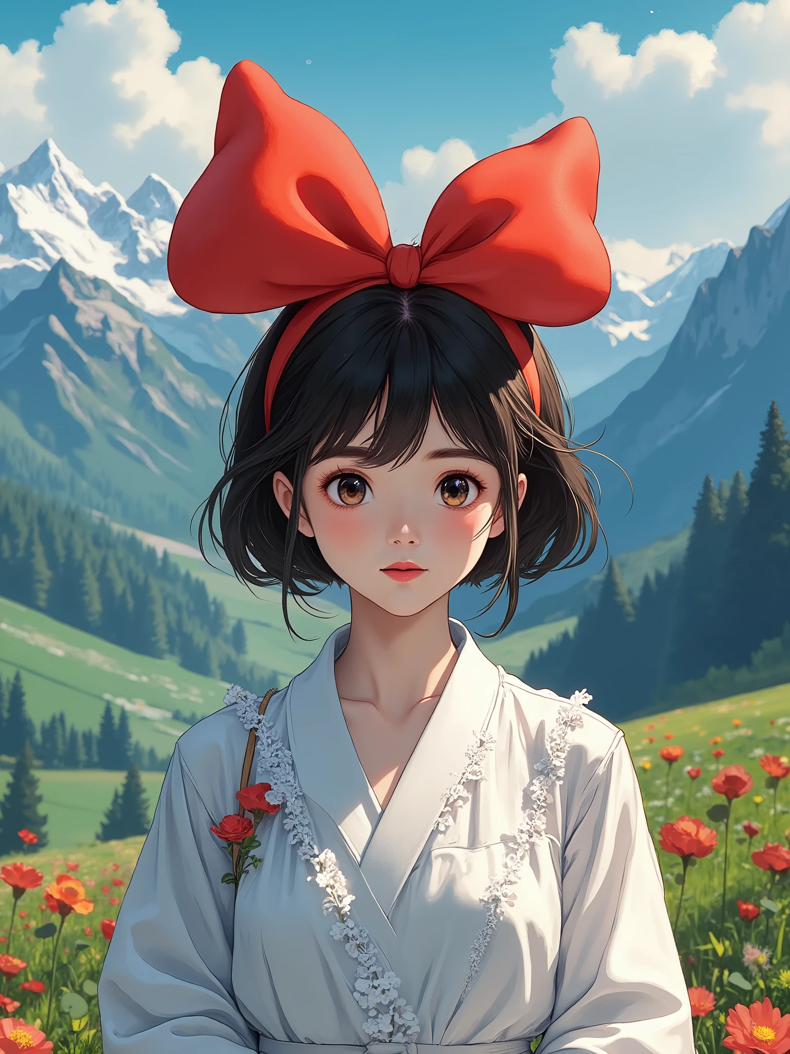 1girl, masterpiece, best quality, Ultra High Resolution, absurd, Ghibli, A woman wearing a big red bow on her head, Mountain, full body, Front View,