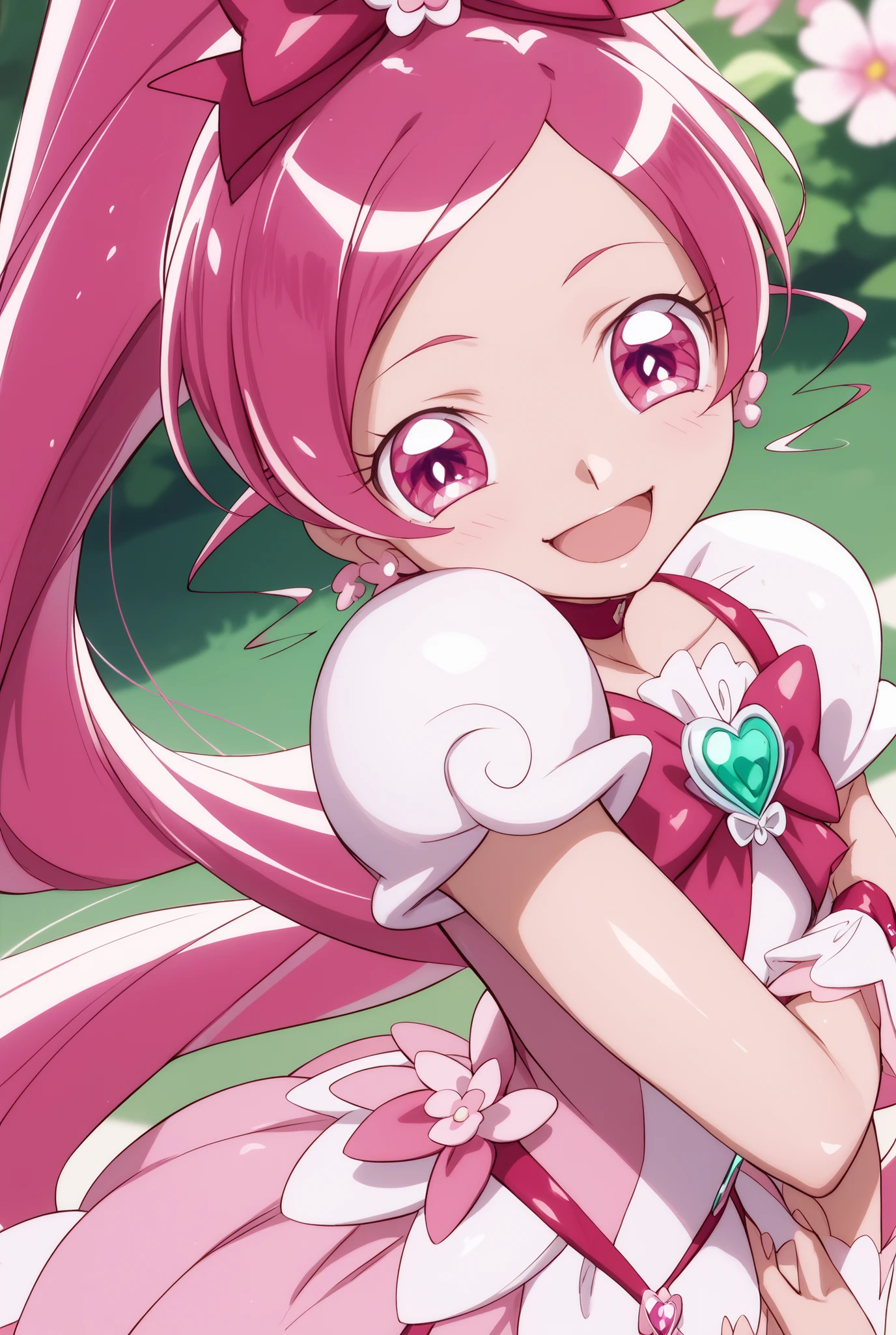Heart Catch Pretty Cure、cute、cure blossom、beautiful background、 Slim、Small breasts、Shiny on the skin、 happy、happy、angles from above、large futon behind a woman's face、I'm about to reach out my hands and hug them、