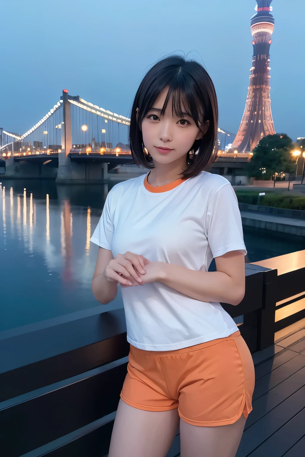 8k, raw photo, best quality, hires, realistic, photorealistic, extremely detailed 8k wallpaper, beautifully detailed eyes, finely detailed face,
 break 
perfectly anatomically correct:1.2,
 break 
the image showcases strike urban scene at orange dusk and center on a beautifully lit bridge that span a tranquil river,
bridge constructed with an intricate metal framework,
bridge is adorned with evenly spaced lights that create an enchanting sparkle against the darkening sky,
the sky transitions from the deep purple of nightfall to a gentle orange near the horizon,
[the sky suggesting the end of another day in the bustling metropolis],
to the left of bridge the tokyo skytree stands prominently,
tokyo skytree's illuminated structure is piercing the twilight and providing a vertical contrast to the horizontal expanse of bridge,
reflections of these lights is dancing on the water below and adding a sense of rhythm to the composition,
in the background high-rise buildings enhance the cityscape and their windows welcoming lights that signify life within aglow with warm,
the overall atmosphere is calm and reflective with a touch of urban sophistication,
 break 
1 female stands leaning over a deck,
((chiseled cameltoe)),
kawaii like an idol with short hair:1.3,
cute natural anime face,
beautiful ideal spherical shape medium soft buttocks emphasize her confident pose and add to the boldness of her outfit,
(jyojifuku, shorts, gym uniform),
we can see realistic raw underbuttocks,
skindentation,
CHIHO, YOSHITOMO NARA, SHIORI TESHIROGI, AYAKA, SAKIMI-CHAN, SUI ISHIDA, SHIKAMIMI,
casting gentle shadows that enhance the scene's relaxed atmosphere,
symmetrical clear eyes, chocolate color eyes with captivating reflections,
round face, wide-set eyes, tareme, moderate eye bags, chiseled face, white skinned, wet hair, melancholy, [embarrassed, blush],
accentuating the contrast between the softness of her clothing and the rough texture,
 break 
(back shot:1.2),
bokeh
