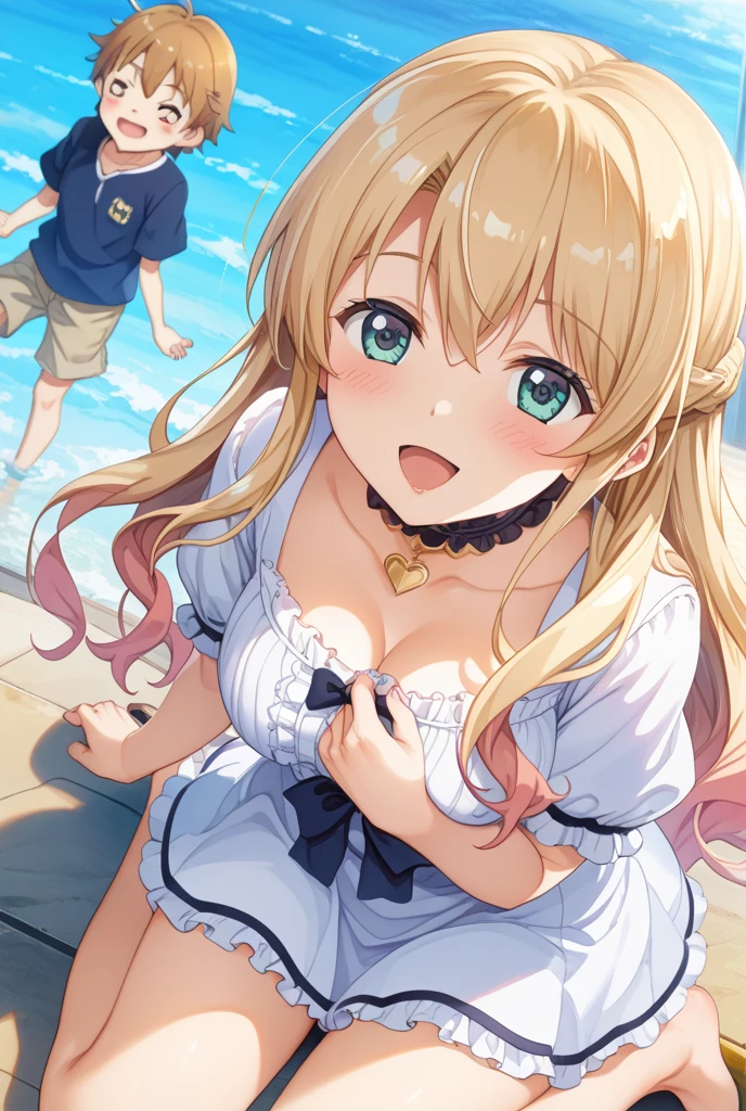 NSFW,（Showing off her nipples)),ahegao,Drooling,((gangbang,3boys)),Highest quality,Masterpiece,RumiaTingel,blonde hair, blue eyes, medium hair, green ribbon, x hair ornament,RumiaBikini, blue bikini, striped bikini, front-tie top, side-tie bikini bottom, bracelet,Seaside