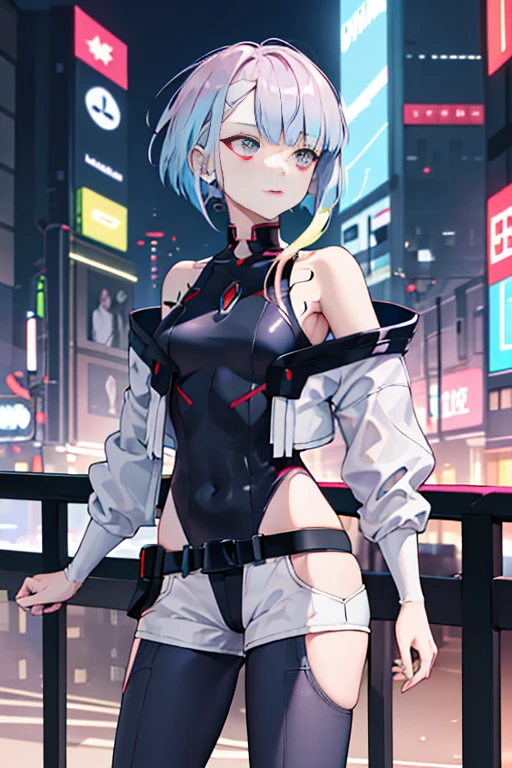 (Highly detailed CG Unity 8K wallpaper), (super detailed), masterpiece, highest quality, Lucy (cyber punk), body suit, alone, chest, cyber punk city, colorful hair, short hair, looking at the viewer, medium chest, black body suit, gray eyes, hip wind, clothing clippings, thigh gap, covered navel, white jacket, bare shoulders, short shorts, sofa,