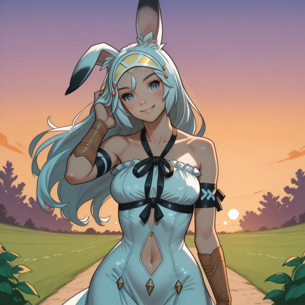 (anthro furry:1.2), VieraCzar, (viera, dark skin, brown eyes, random hair length, dress, slit dress), (forest), (masterpiece:1.2), hires, ultra-high resolution, 8K, high quality, (sharp focus:1.2), clean, crisp, cinematic, <lora:VieraFFTA-14:1>