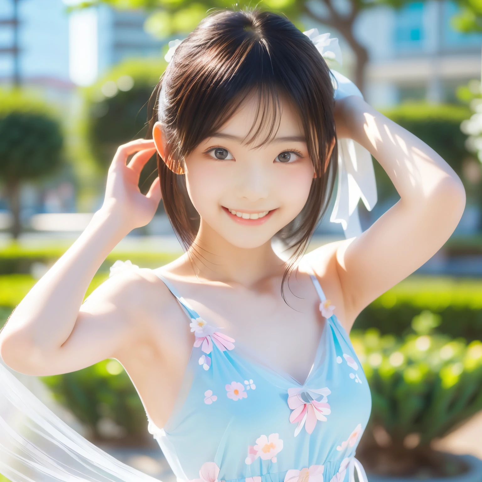 (dynamicposes:1.4), (dynamic ungle:1.4), Romper (细致背景:1.4)、hyper detailed background、(Floating light blue clouds:1.4)、(Floating blue flowers:1.4)、 Romper (perfect anatomia、perfect hand:1.4)、(Perfect five fingers:1.4)、(Perfect 4 long fingers and perfect short thumb:1.4)、(Thumb shorter than the other 4 fingers:1.4)、(Perfect two arms:1.4)、(Perfect two legs:1.4)、((top-quality、8K、masterpiece:1.3))、1girl in、full body Esbian、Slim Faces、Pretty women、(dark brown hair)、hyperdetailed face、A detailed eye、二重まぶた、blured background、Slim Faces、Cute、extremely delicate and beautiful girl、Overall、ultra-detailliert、4K、masutepiece、small mouth、Modest、bura、Underpants、a short skirt,high waist skirt,high-necked,Sleeveless,bob cuts,long boots,ultra-detailliert, 4K, masutepiece,small mouth,White underwear、Skirts that show the body line、low angles、(skirt rift)、(skirt lift by yourself)、((sweat-wet skin))、(((fullnude)))、(((Shy face)))