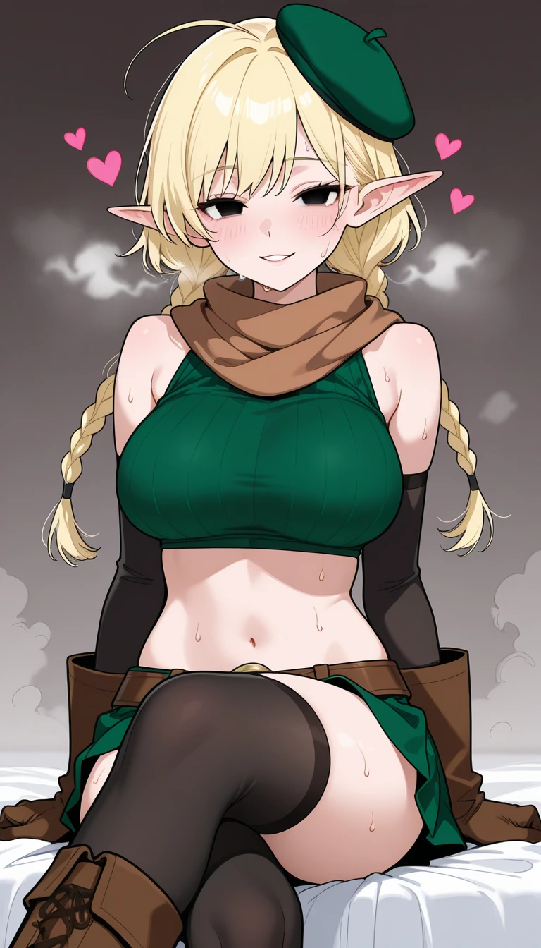 1girl, breasts, blonde_hair, solo, long_hair, pointy_ears, navel, large_breasts, outdoors, looking_at_viewer, drill_hair, underwear, blush, panties, red_eyes, grass, black_panties, bare_shoulders, ahoge, sky, bangs, thighs, patreon_username, hair_between_eyes, cowboy_shot, arms_behind_back, closed_mouth, web_address, cloud, watermark