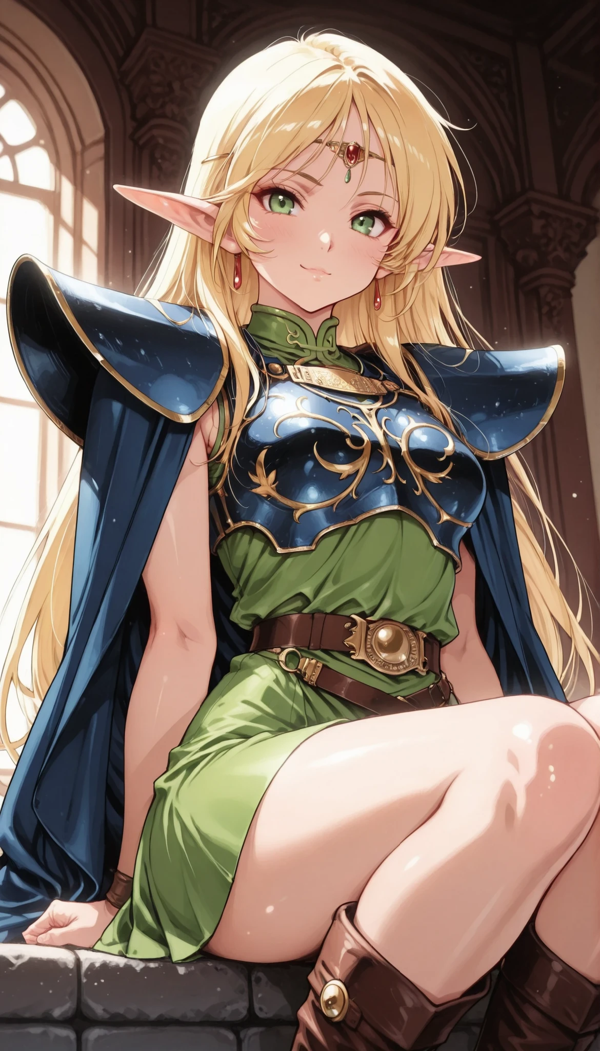 1女性, deedlit, \(record of lodoss war\), ((金髪, ロングヘア)), green dress, circlet, sleeveless,shoulder armor,armor,breastplate,cloak,blue cloak,boots, 清楚系ビッチ, 魅惑的ボディ, ニヤリ, 口を大きく開けて, セクシーな体, 完璧な唇, グラフィティ, ダンスモーション, モーションブラー, カウボーイショット, ドラマチックな照明, 淫靡な雰囲気, 森林の背景, 木々と泉, 草花, 艶めかしい光, 被写界深度が浅い, フォトジェニック, 超高解像度, RAW フォト, 物理ベースレンダリング, (最高品質:1.2, 非常に詳細な, 高詳細CGイラスト, ソフトフォーカス, 傑作:1.2, 最高の美学),