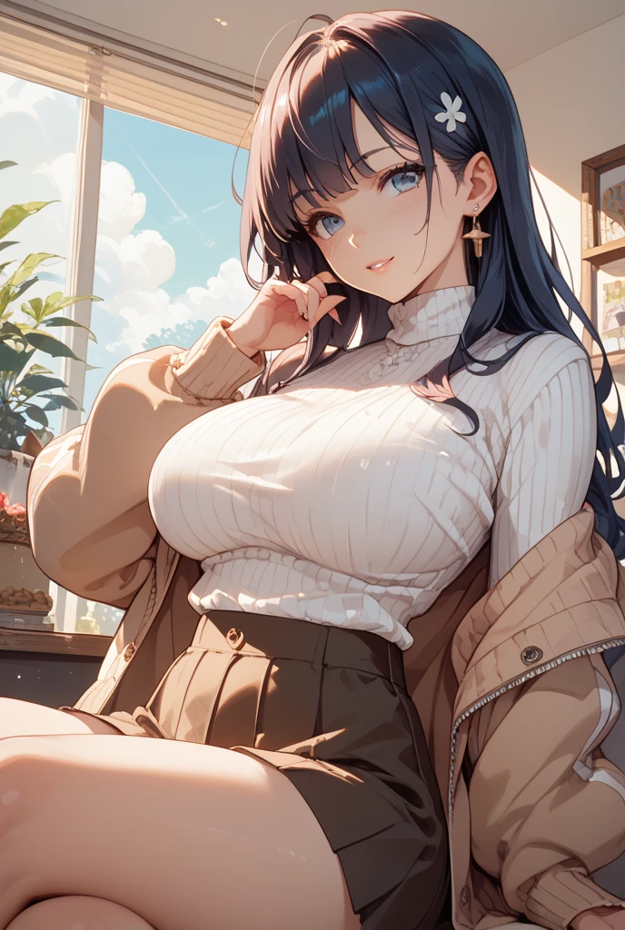 (table top, highest quality, High resolution, , perfect pixel, 4k,), 1 girl, single, alone, Beautiful woman、I could see the whole body、 ((wavy middle hair, bangs, brown hair)), ((brown eyes, beautiful eyelashes, realistic eyes)), ((detailed face, blush:1.2)), ((smooth texture:0.75, realistic texture:0.65, realistic:1.1, Anime CG style)), medium breasts, dynamic angle, perfect body, ((, beige off shoulder sweater、Tight denim skirt、black stockings、cute necklace、earrings、)), upper grade、shy smile、Luxury hotel room、sleep on your back in bed、((open legs))、angle from below、Put your arms together to accentuate your cleavage、、((Pink lace panties are visible))、