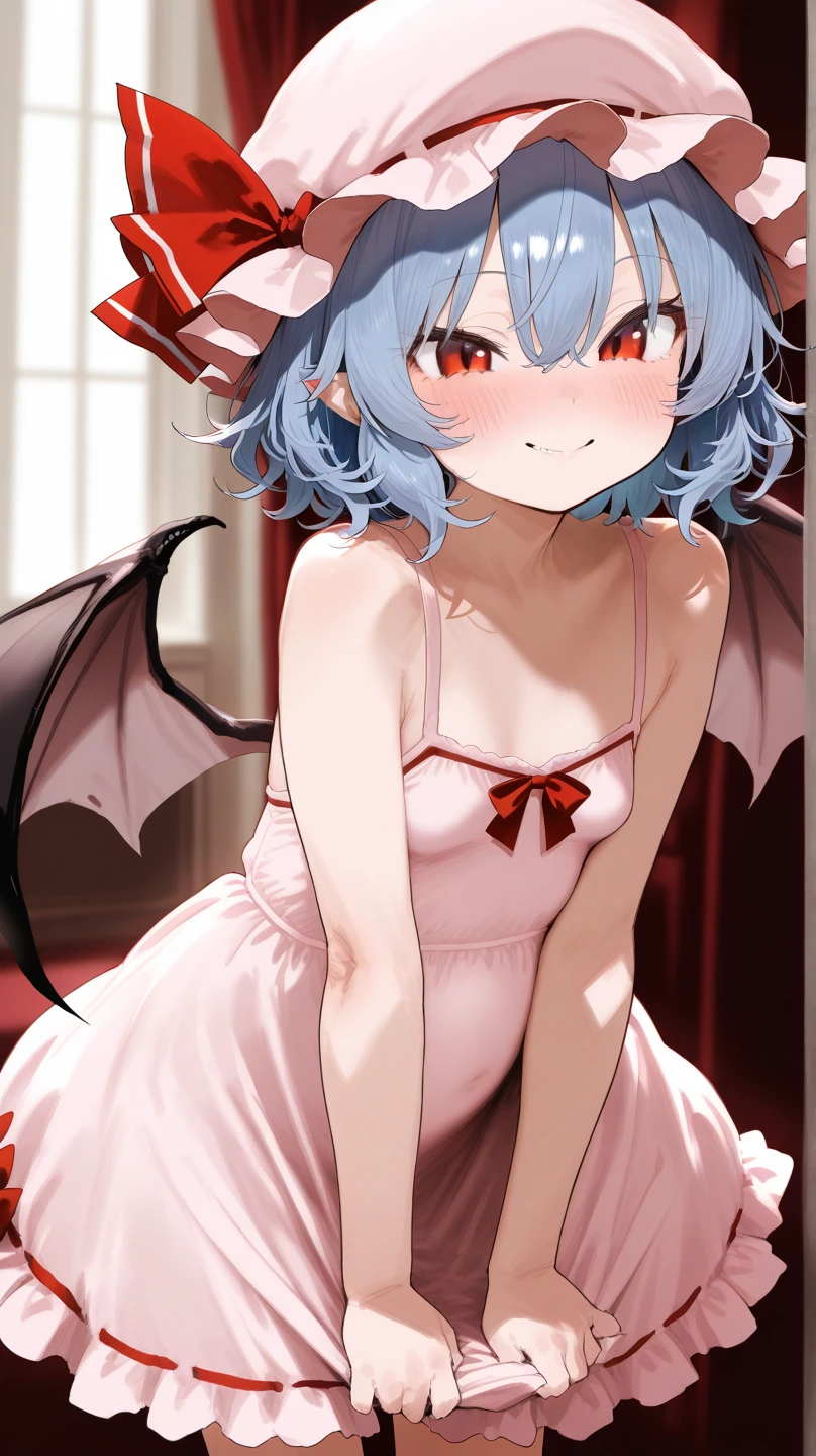 Anime Femboy, Fine skin, cute, (masterpiece, highest quality, 8K ultra-high resolution:1.4), beautiful detailed eyes, ultra-detailed, drsizukachan1,
sit, front view,
remilia_scarlet_touhou, red_eyes, mob_cap, short_hair, bat_wings, wings, hat, blue_hair, hair_between_eyes, bangs, smile, red_ribbon,
(((Completely naked))), pussy line,
((Femboy)), no ko , a feminine boy,