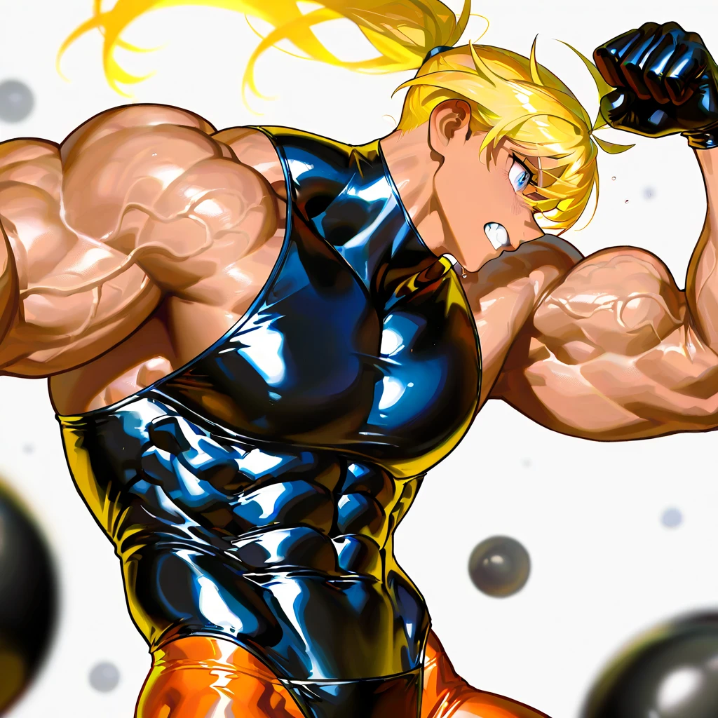 Photo, arafed blond hair man in a yellow wrestling suit standing in a gym, massive muscles, exaggerated physique, exaggerated muscle physique, exaggeratedly large physique, bodybuilder body, large muscles, absurdly massive physique, big muscle, bulging muscles, bodybuilder, huge muscles, big muscles, robust stocky body, body builder