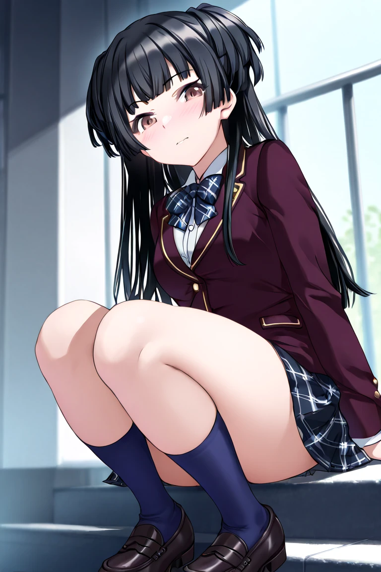 (Masterpiece:1.2, high quality), (pixiv:1.4), (anime:1.4) wearing underwear, panties, loose socks, black hair, buttocks, brown eyes, blue skirt, solo, blazer type , panties, loose socks, black hair, lifting clothes, brown eyes, blue skirt, pure gaze, , miniskirt, herself lift, plaid skirt, kawaii, blush, a smile, (sweat), Long hair, Physical education sitting, beauty legs, Schools