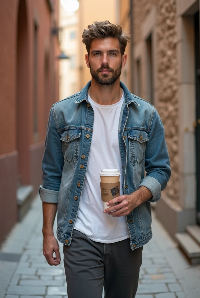 Adult man, thirty years old, robust, little beard and mustache, modern hair, checked shirt, blue jeans. Outside a cafeteria.