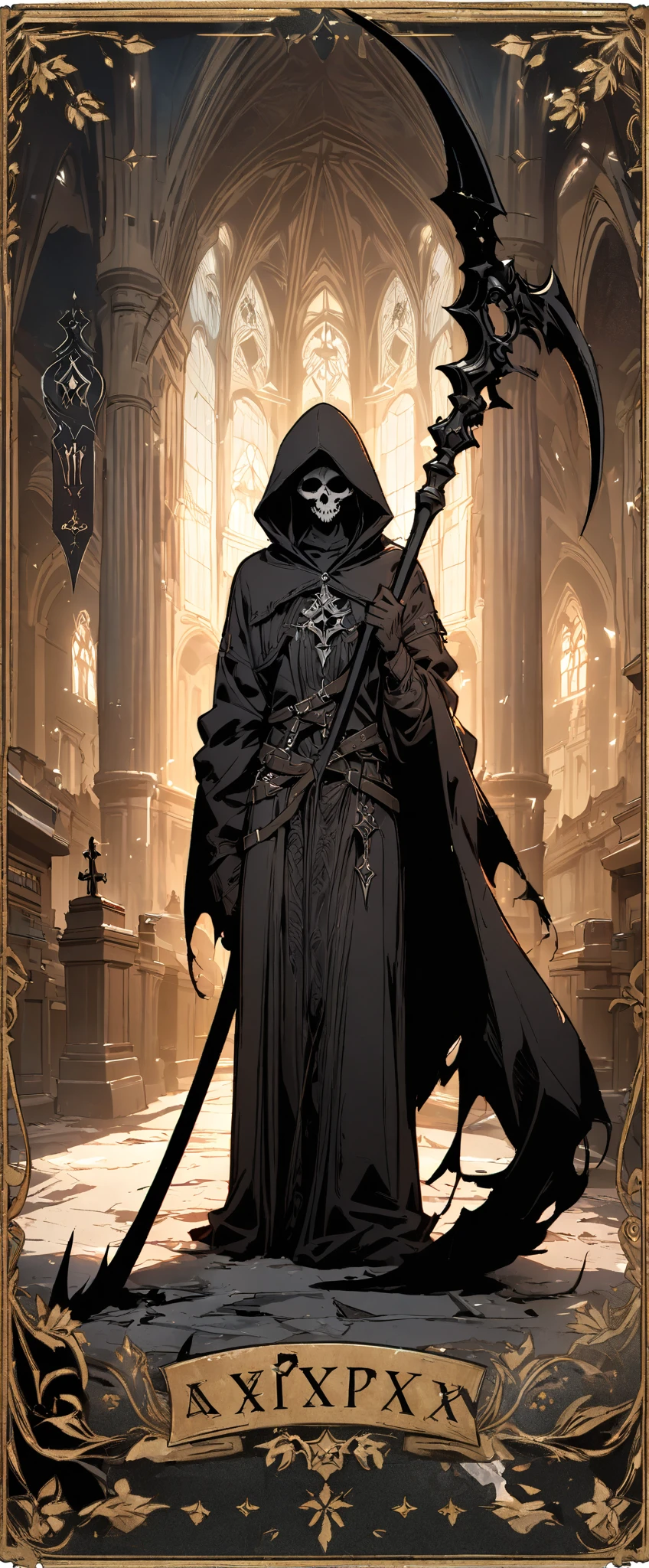 a necromancer skeleton that wears black mesh clothing covering its skeletal body, leaving only its head showing, wearing a black coat with a hood over the knitted clothing, black leather gloves, black leather boots with some belts that hold them up, a silver necklace with a circle and a pentagram inside the circle. not anime style.