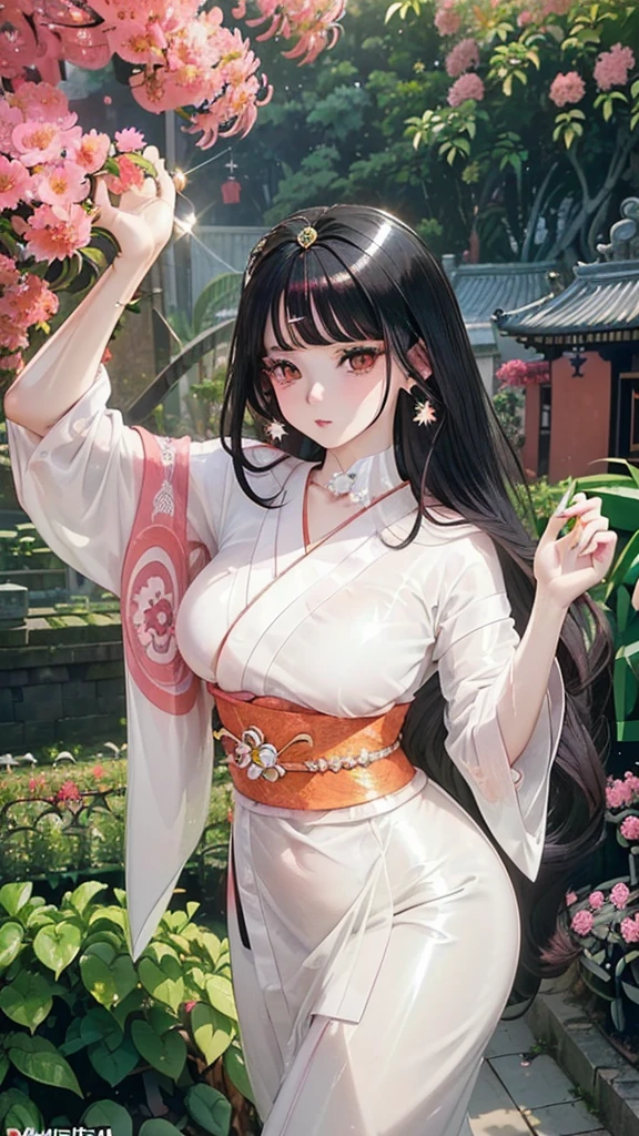(masterpiece), best quality, good anatomy, shuimobysim, (1 girl: 1), (upper body), (smile), short hair: 1.2, (hanfu), long coat, (ecchi0.5), (bridge: 1.2), (flowers: 0.6), moon, lantern in ancient China, delicate face, see-through, pink clothes, full body, close-up, back hand, robe, thigh, high up, cloudy, chinadre, overexposed, [wet suit: 1.2], mid-breast, solo, [doll], bare thighs, credibly_absurdres, strong angles, pleated skirt, chinoiserie architecture, single bun, white hair, red eyes, squinted eyes, indifferent attitude, eye shadow, eyeliner, eyes visible through hair, no shoes, ribbon sleeves, earrings, necklaces, tiara, mid-chest, sunlight, reflected light, ray tracing, loli, phoenix crown vermilion robe, blush