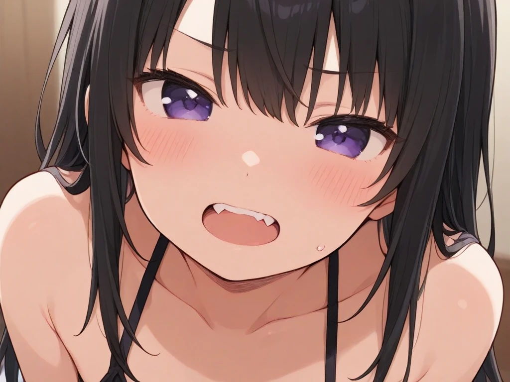 ((masutepiece, Best Quality, hight resolution, nffsw, Perfect Pixel, depth of fields, 4K, )), 1girl in, Solo, Lori, Beautiful anime girl, Beautiful Art Style,
close up, Looking at Viewer,
Perfect body, her nipples are open,Mouth open and tongue sticking out、drool dripping from the mouth、
large boob,
Full face blush, Open mouth,
From above, POV,Long Black Hair、