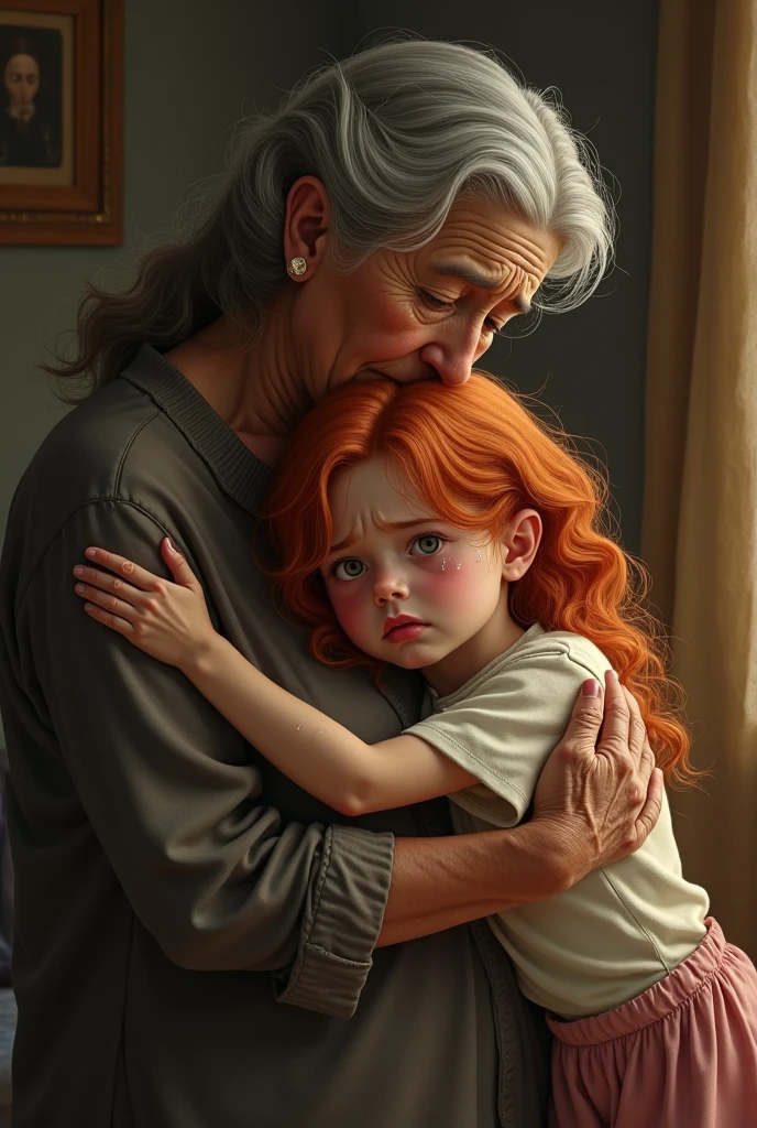 A beautiful young woman with long red hair holding , green eyes a small baby in her arms, the child's father is a stern-looking man with a hooked nose, ethereal lighting, detailed realistic portrait, cinematic composition, dramatic chiaroscuro lighting, deep emotional expression, cinematic quality, 4k, masterpiece, highly detailed, photorealistic