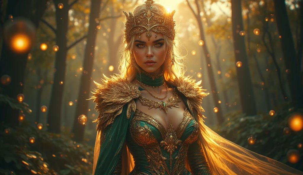 a powerful ancient pagan goddess, intricate ornate jewelry, long flowing hair, piercing eyes, detailed facial features, porcelain skin, ornate headdress, flowing robes, glowing aura, dramatic lighting, rich jewel-toned colors, cinematic composition, fantasy art, digital painting, highly detailed, photorealistic, 8k, best quality