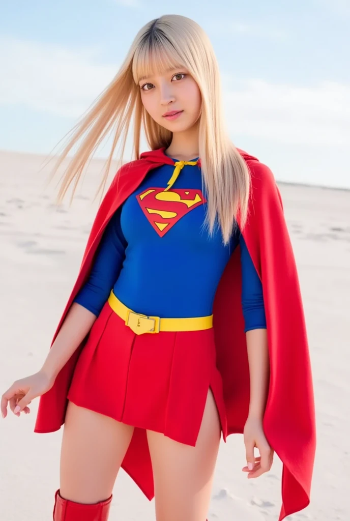 1 girl, 21 years old, blue eye, bare shoulders, chest, medium chest, blonde long hair, red hair band,hair above one eye, bangs, gloves, smiling, No sleeve, alone, white supergirl shirt, fingerless gloves, white supergirl shirt, No sleeve shirt, turn your arms behind your back, off shoulder, horn, smile, (masterpiece), (highest quality), (super detailed), In a dimly lit cave, blue flower,