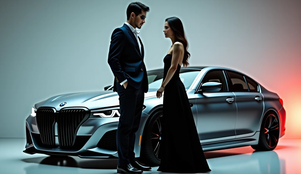 (8K wallpaper, masterpiece, best quality, ultra-detailed), (soft lighting, delicately beautiful), boy and girl holding hands, Alfa Romeo Juliet parked next to it, duplex building as background. --auto --s2