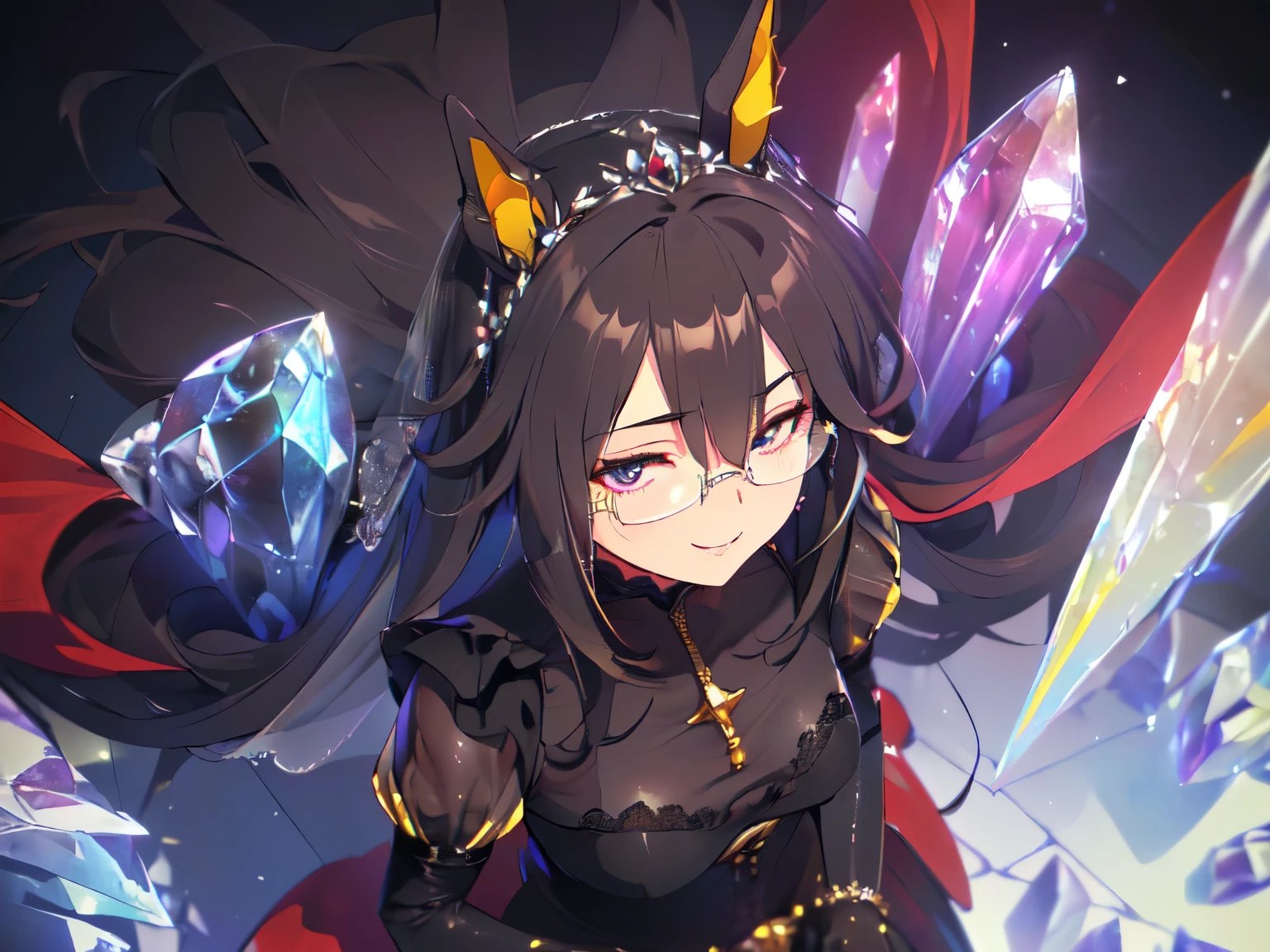 (Sister Princess:2), (Solo, Alone, Girl, Horse ears, Sitting punishment, Arms on crotch, Glasses, Super long hair, No ears, Sharp eyes, Intense smile, Breasts hidden by clothes, 3/4 sleeves, See-through black lace long wedding dress, High waist short skirt, Black pantyhose, Large tiara, Veil, Cape, Dark purple background, World surrounded by crystals, Crystal ground, Slightly from above, Upper body, Textured skin, 3DCG, Exquisite anatomy, High saturation, Masterpiece, Highest rating, 16K:1.5)