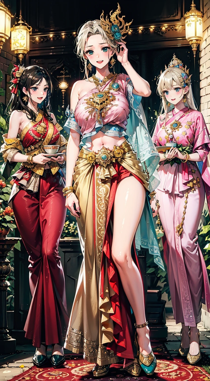 Group of 3 princesses,(ung adult women,many young women), (In the flower garden), Various hair styles, harem, folk girl,long, blonde hair , blue eyes , braid ,Purple Thai dress,กระโปรงไทยโบราณlong,holding a jasmine garland,countryside,countryside,beautiful scenery,Ancient ruins of Ayutthaya,smile with teeth,forehead,forehead exposed,big ,rift, (bare brea),หน้าอกbig,Show your breasts,Ths are clear.....,((หัวนมbig)),(pubic bone), rift, visible chest,seductive pose,I see bulging nipples.,(((areolbig:1.4,pinkipples are clearly visible...),(Separate outfit showing nipples:1.4), (semi-naked:1.8)