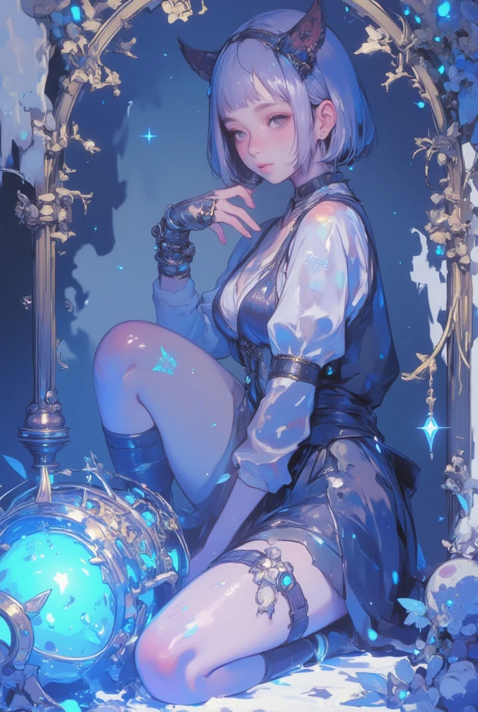 ((realisitic))、(masutepiece, Best Quality:1.5), Fractal Art, Silver Shorthair, Blue eyes, Spotlight, Sexy Pose, Beautiful girl doing pole dancing,