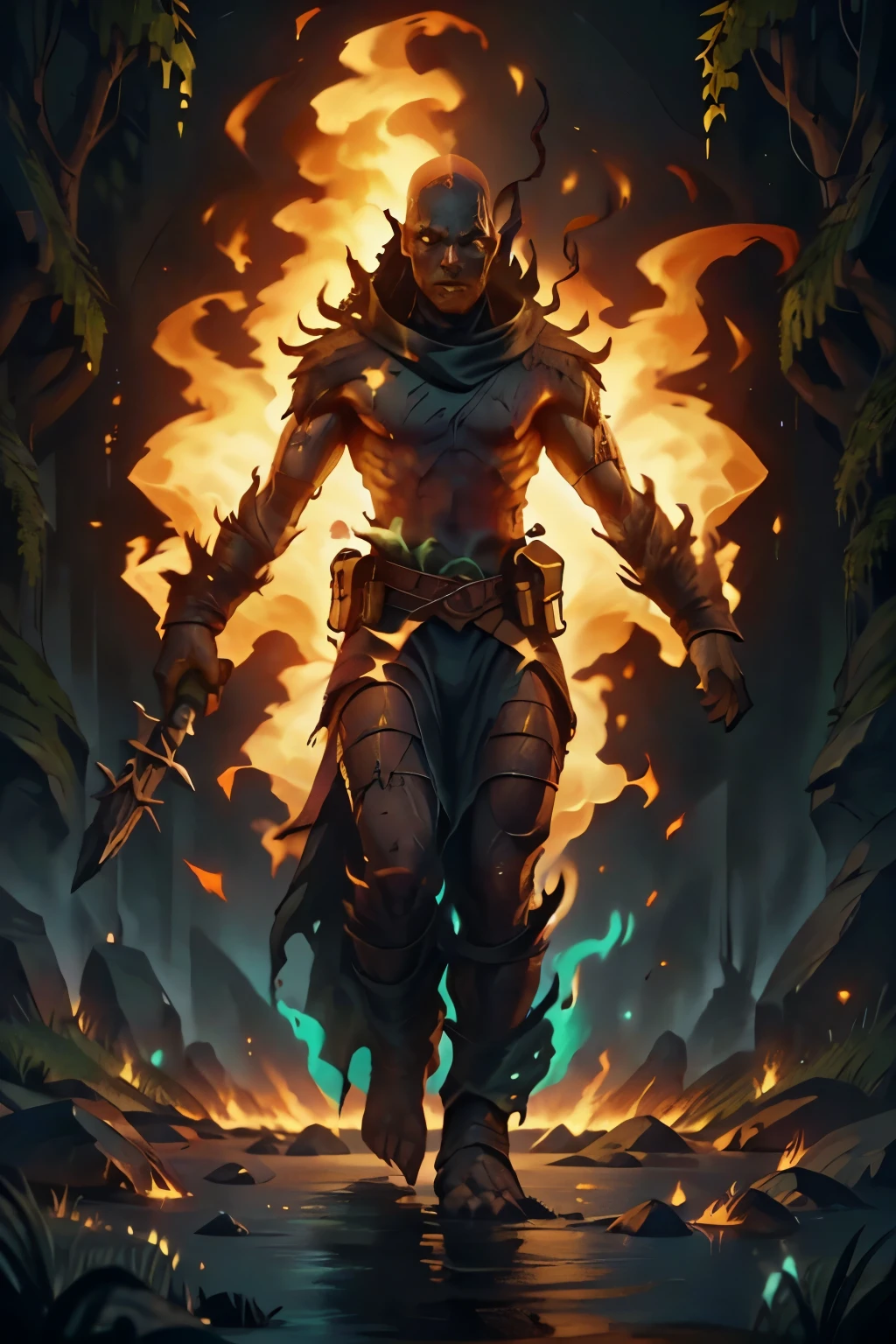 ( full body image , forbidden to cut or not to appear from head to toe, formato PNG , Fundo transparente, fundo branco, dark horror theme , RPG) &&&&& png, sem fundo, creature made of fire and with moss on its back, mosntro