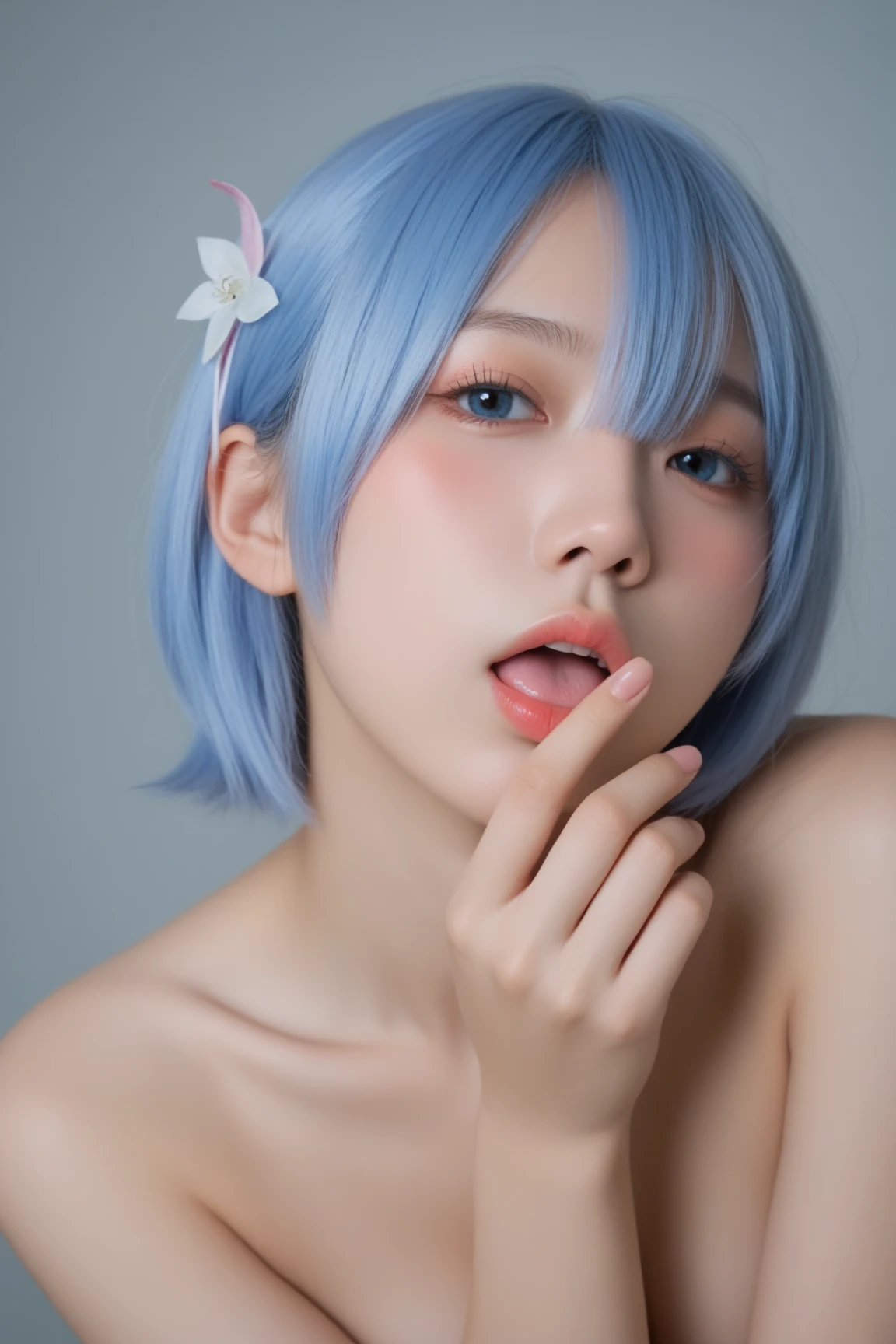 The image features a vibrant and lively anime character with striking blue hair and pink lips, who is wearing a white lace bra and has a playful and inviting pose.