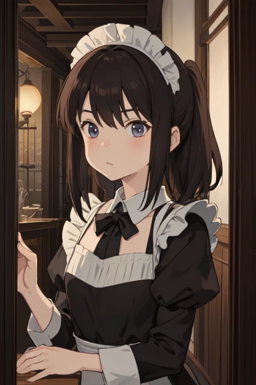 Young woman. maid clothes. grey eyes. dark hair. self-confident face. against the backdrop of the palace room. 
