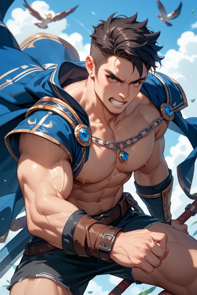 (masterpiece: 1.2), (very detailed: 1.2), (perfectly detailed), (very detailed and beautiful: 1.1) solo, 1 boy, male only, muscular male, dynamic pose, shaved temples, thick stubble, has thick stubble, body hair, action scene, detailed face, at full height, The character is a wizard, casts a spell,