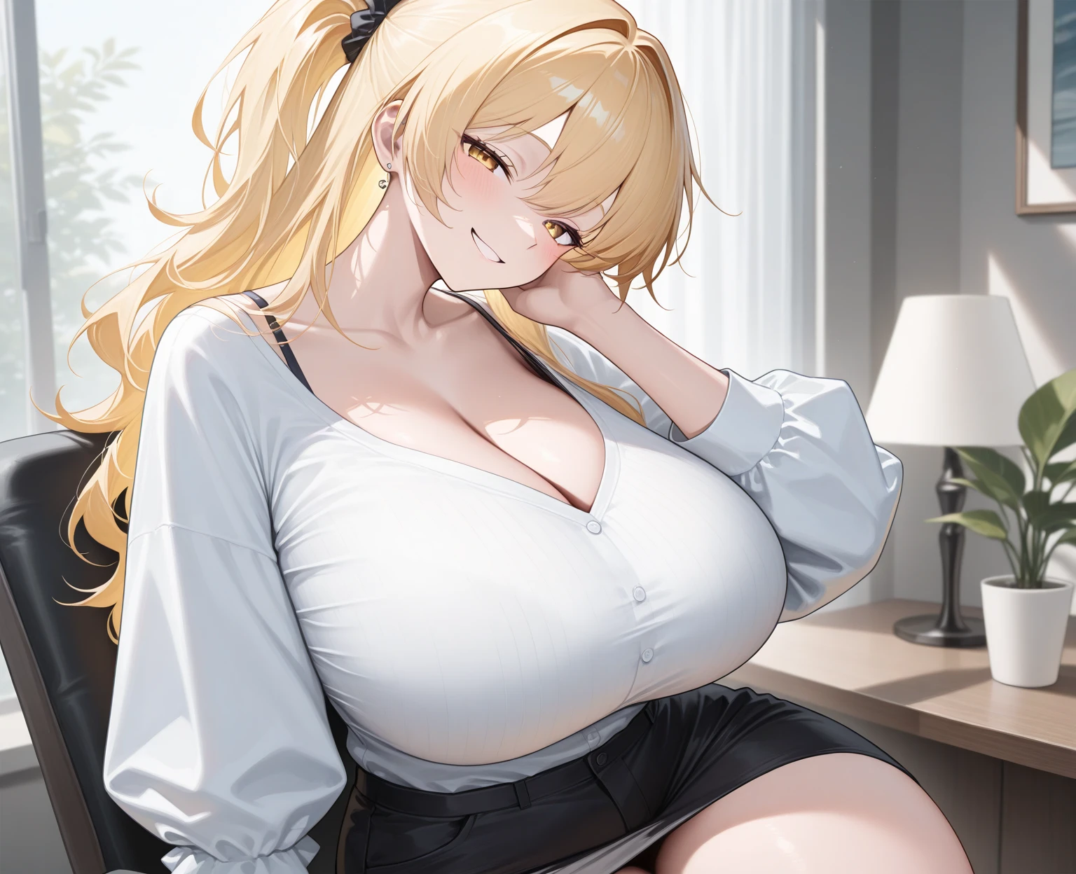 creates an anime girl with a short skirt with her hands up, 24 years old, wearing black stockings and a white blouse with a low neckline in a landscape of a luxurious apartment with wide hips and large breasts.