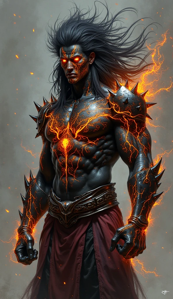 Crazy brown male dark elf with glowing yellow eyes With black wavy hair With black armor With yellow burns and flames all over his body